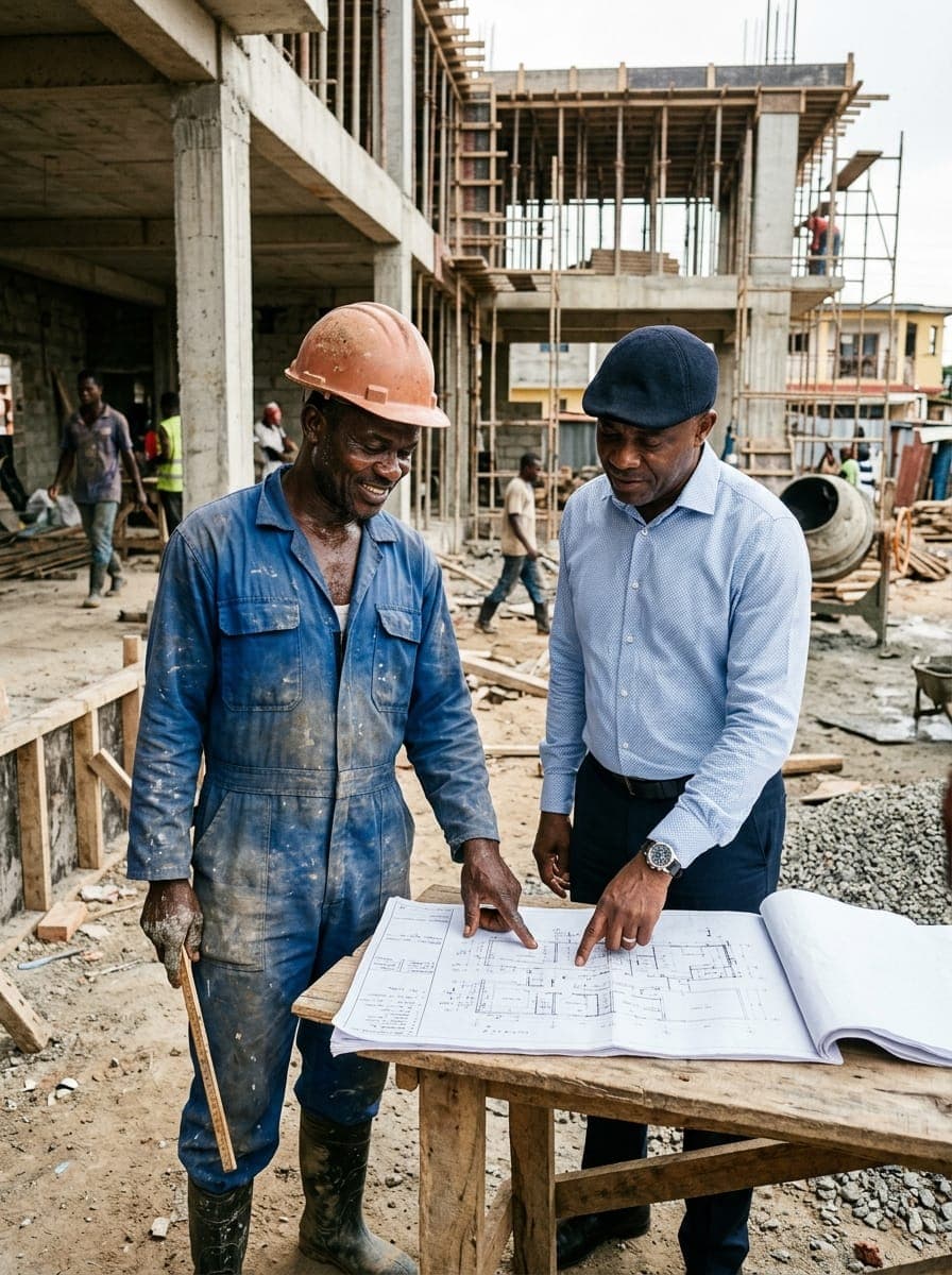 A builder and a client reviewing building plans together on site